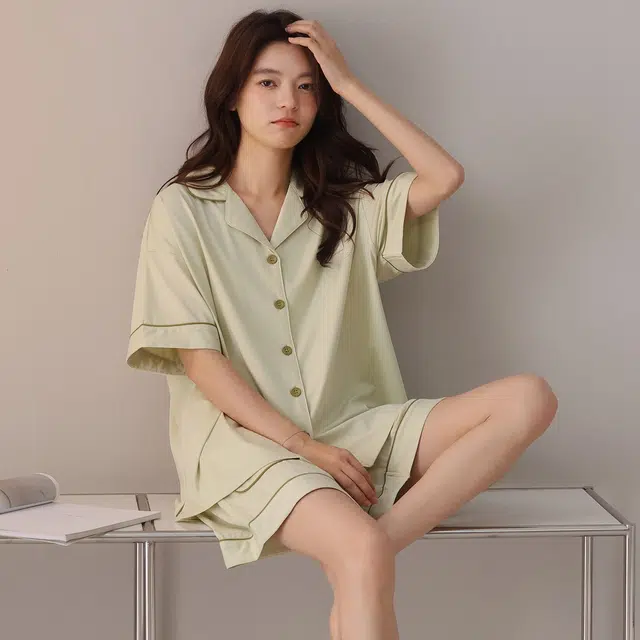 俏韵 翻领夏季纯棉舒适简约短袖开衫甜美可爱薄款家居服可外穿睡衣套装 女款