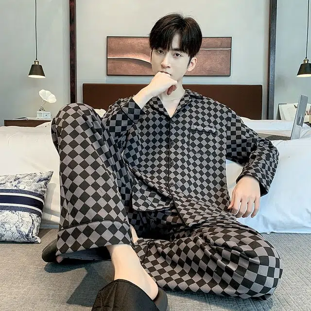 俏韵 翻领秋季长袖开衫春季休闲简约薄款家居服可外穿睡衣套装 男款