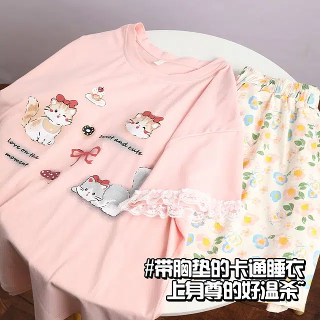 俏韵 圆领卡通短袖可爱带胸垫甜美家居服可外穿三分裤夏季睡衣套装 女款