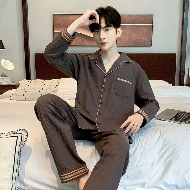 俏韵 翻领秋春季长袖长裤开衫休闲风简约薄款家居服可外穿睡衣套装 男款