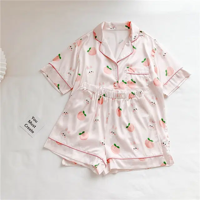俏韵 翻领夏季冰丝甜美短袖休闲宽松舒适薄款家居服可外穿睡衣套装 女款