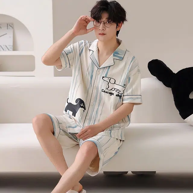 俏韵 翻领小狗休闲纯棉短袖薄款家居服可外穿睡衣套装 男女同款