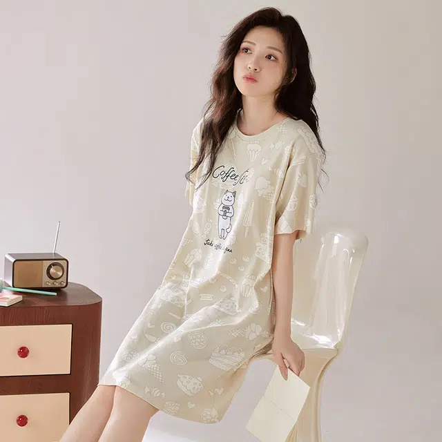 俏韵 圆领夏季短袖简约薄款舒适休闲家居服可外穿睡裙 女款