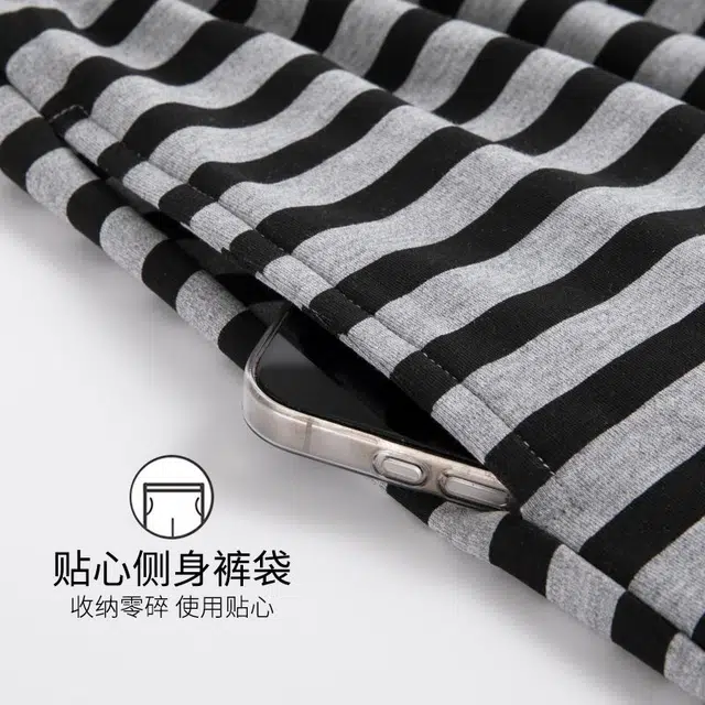 俏韵 圆领卡通夏季带胸垫短袖三件套甜美条纹薄款舒适家居服可外穿睡衣套装 女款