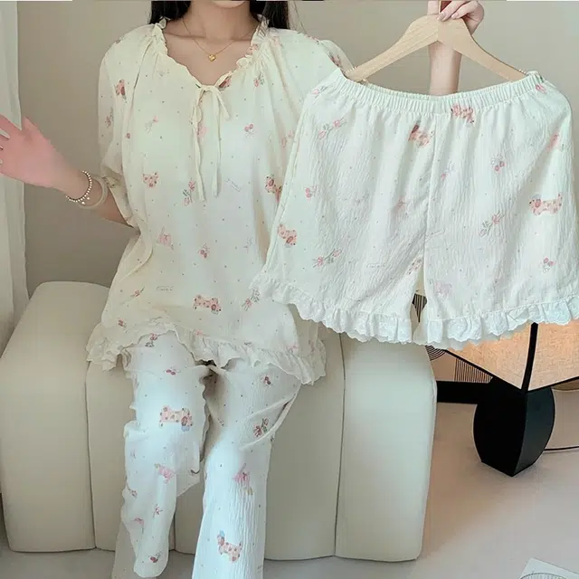 俏韵 圆领卡通小狗短袖长裤三件套薄款舒适家居服可外穿睡衣套装 女款