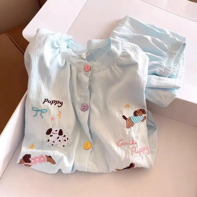 俏韵 圆领三件套清新蓝可爱小狗短袖家居服可外穿睡衣套装 女款