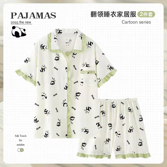 俏韵 翻领短袖可爱花边熊猫休闲居家服外穿睡衣套装 女款 白色