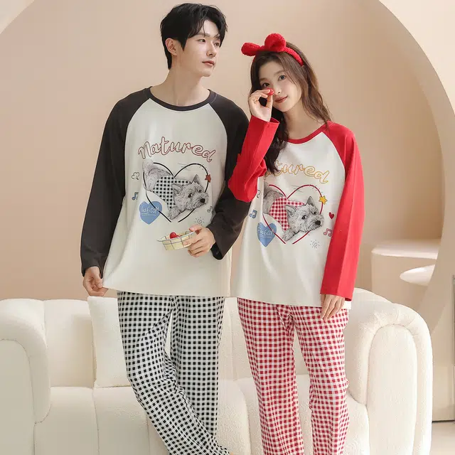 俏韵 圆领卡通春秋季纯棉长袖长裤甜美印花可爱舒适薄款家居服可外穿睡衣套装 男女同款