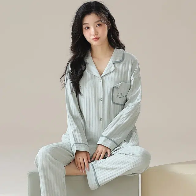 俏韵 翻领春秋季简约长袖开衫甜美可爱休闲舒适薄款家居服可外穿睡衣套装 女款