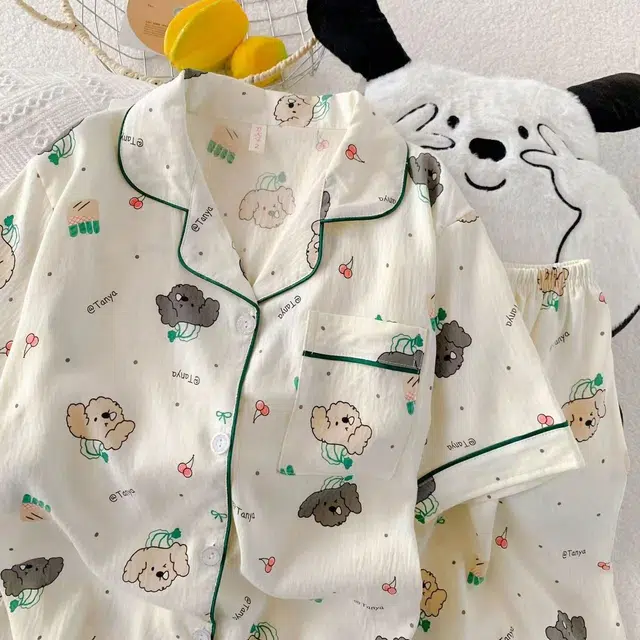 俏韵 翻领卡通夏季云朵棉印花开衫短袖短裤甜美可爱家居服可外穿睡衣套装 女款