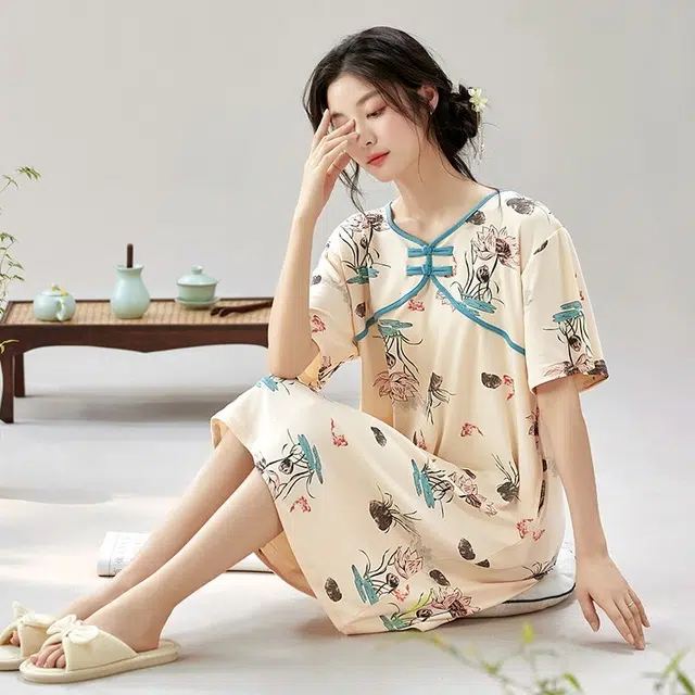俏韵 圆领夏季款国风短袖简约甜美风中长款家居服可外穿睡裙 女款