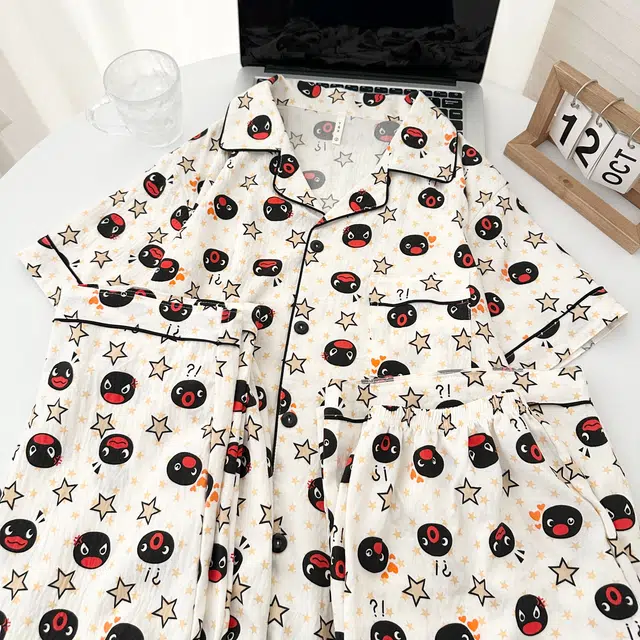 俏韵 翻领卡通夏季云朵棉舒适短袖三件套甜美薄款凉感家居服可外穿睡衣套装 女款