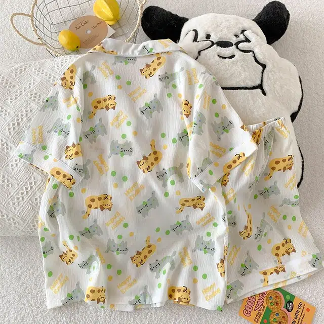 俏韵 翻领卡通猫咪夏季云朵棉可爱甜美短袖短裤薄款舒适家居服可外穿睡衣套装 女款