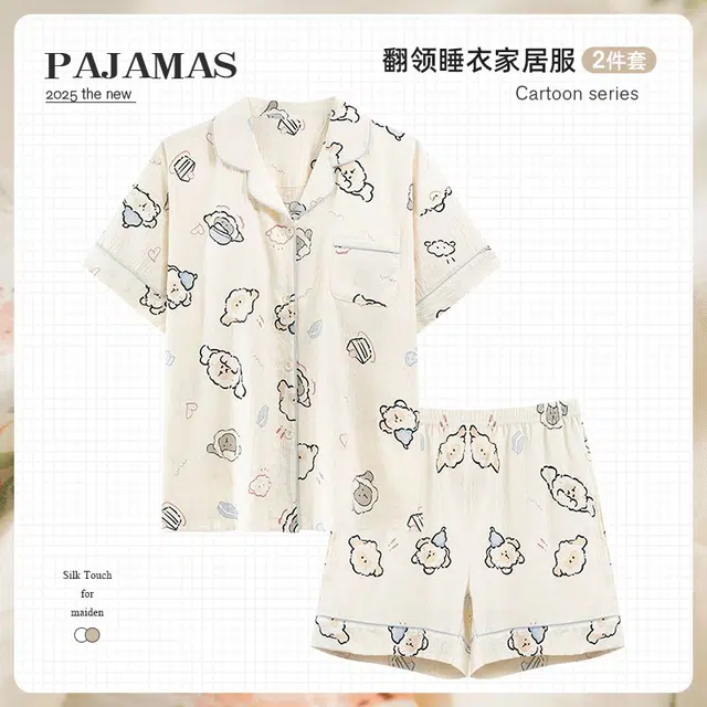 俏韵 卡通翻领甜美短袖三分裤薄款家居服可外穿夏季睡衣套装 女款