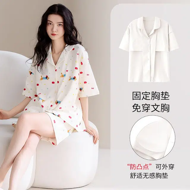 俏韵 翻领卡通夏季纯棉甜美舒适短袖短裤薄款家居服可外穿睡衣套装 女款