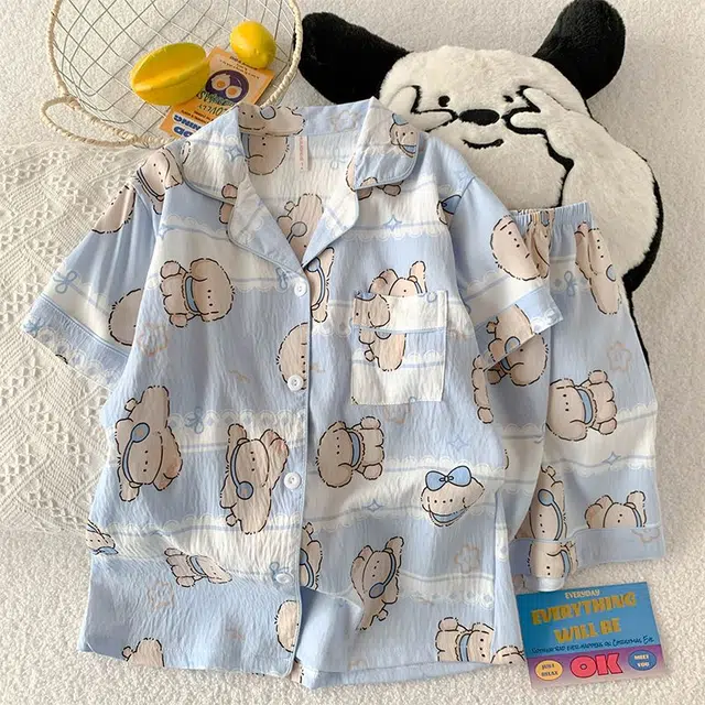 俏韵 翻领卡通夏季云朵棉短袖短裤可爱甜美薄款家居服可外穿睡衣套装 女款