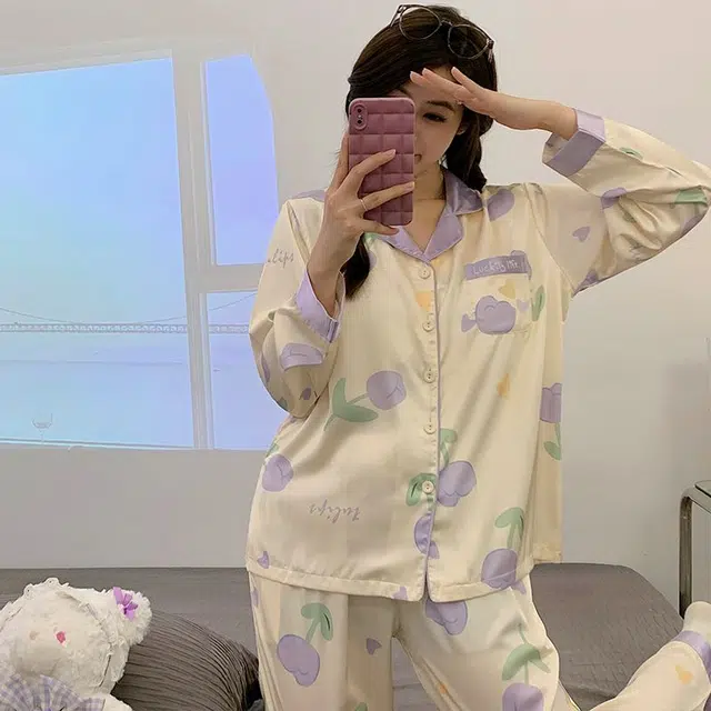 俏韵 翻领春秋季冰雪丝简约长袖长裤甜美休闲舒适薄款家居服可外穿睡衣套装 女款