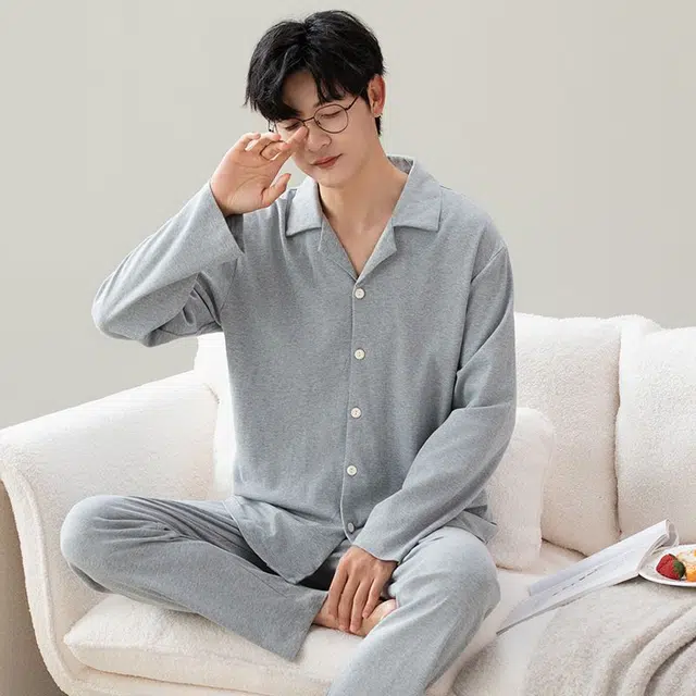 俏韵 翻领春秋季长袖长裤开衫休闲纯色简约风薄款舒适家居服可外穿睡衣套装 男款