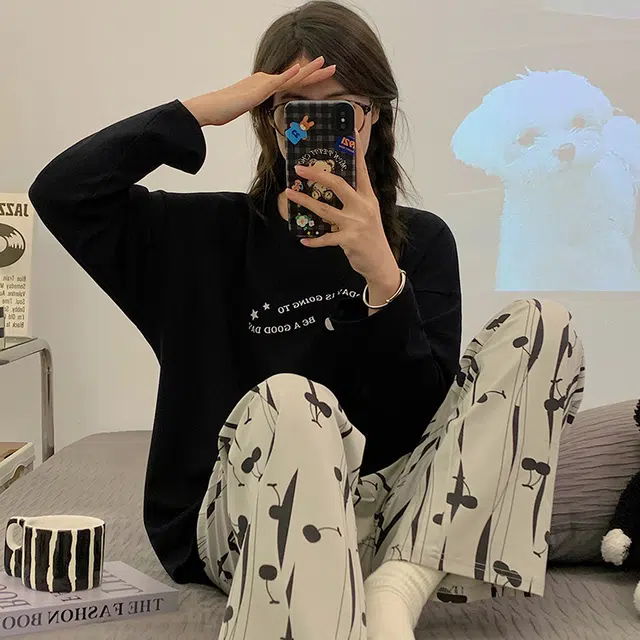 俏韵 圆领春秋季仿棉长袖简约印花休闲风甜美薄款舒适家居服可外穿睡衣套装 女款