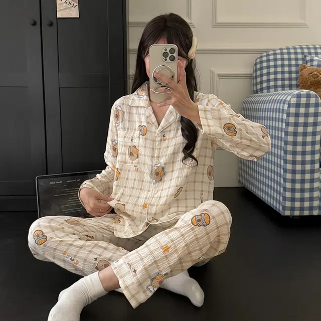 俏韵 翻领卡通卡皮巴拉春秋季云朵棉舒适长袖长裤甜美可爱薄款家居服可外穿睡衣套装 女款