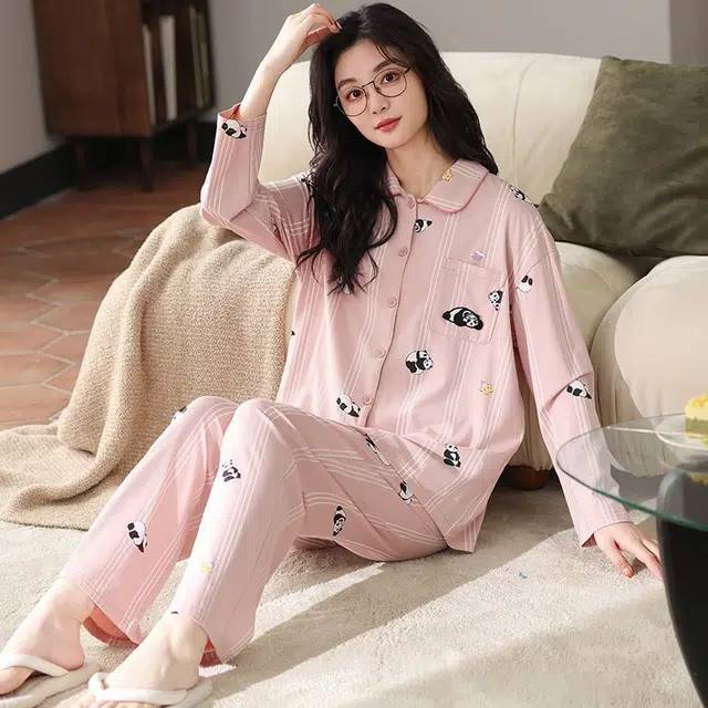 俏韵 翻领卡通熊猫春秋季长袖长裤甜美可爱休闲舒适薄款家居服可外穿睡衣套装 女款