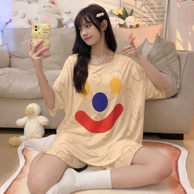 俏韵 可外穿卡通笑脸带胸垫短袖家居服短裤睡衣套装 女款