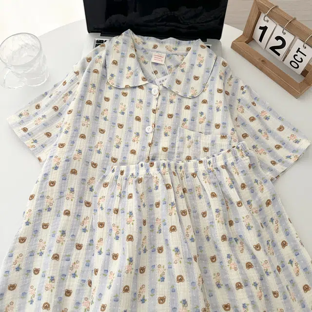 俏韵 翻领卡通条纹小熊夏季甜美格子可爱短袖短裤夏天休闲舒适薄款家居服可外穿睡衣套装 女款