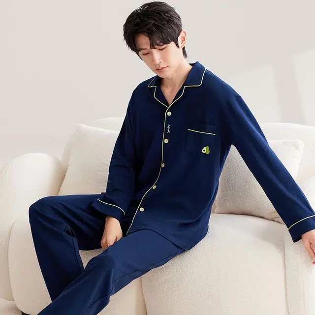 俏韵 翻领春秋季开衫长袖长裤休闲简约风宽松舒适薄款家居服可外穿睡衣套装 男款