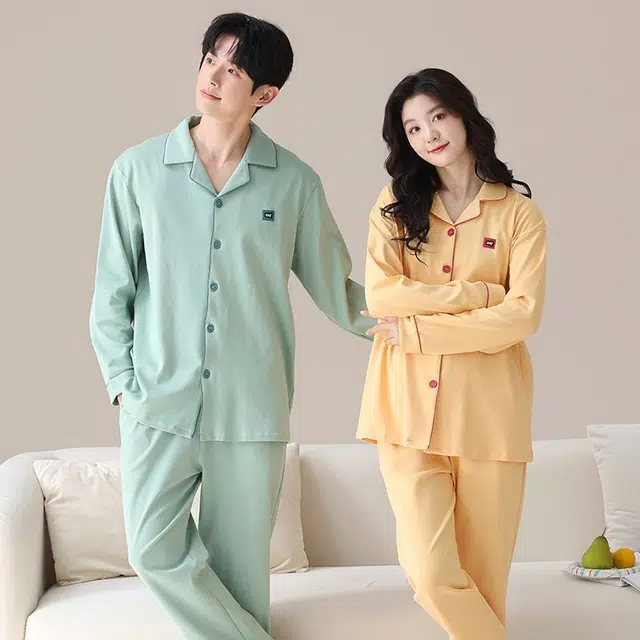 俏韵 翻领春秋季天纯棉简约纯色长袖长裤甜美舒适休闲家居服可外穿睡衣套装 男女同款
