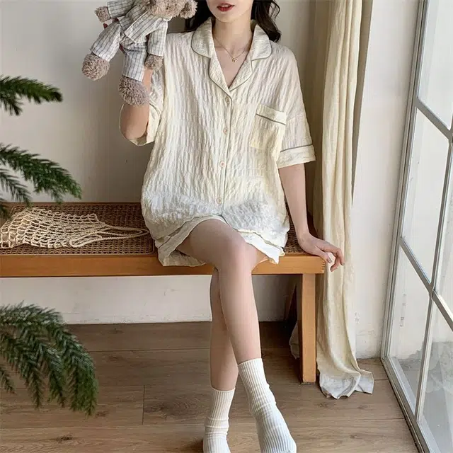 俏韵 翻领短袖甜美可爱家居服可外穿睡衣套装 女款 杏色