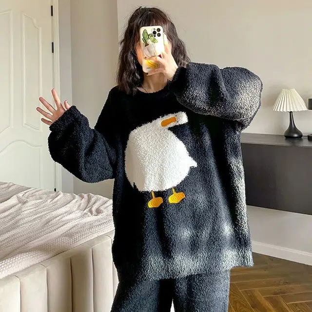 俏韵 半边绒加厚卡通长袖长裤家居服睡衣套装 女款 黑色