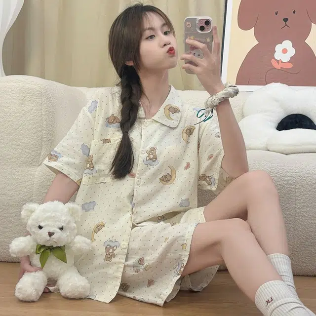 俏韵 翻领可爱短袖甜美家居服可外穿睡衣套装 女款 杏色