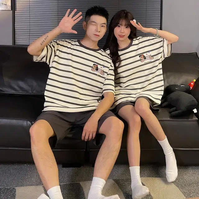 俏韵 圆领卡通仿棉短袖短裤大码家居服可外穿夏季睡衣套装 男女同款