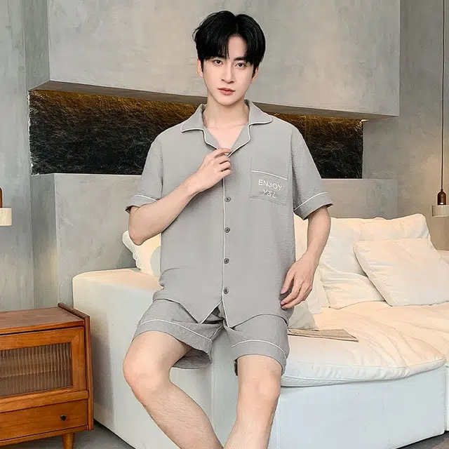 俏韵 韩版翻领短袖休闲简约家居服可外穿睡衣套装 男款