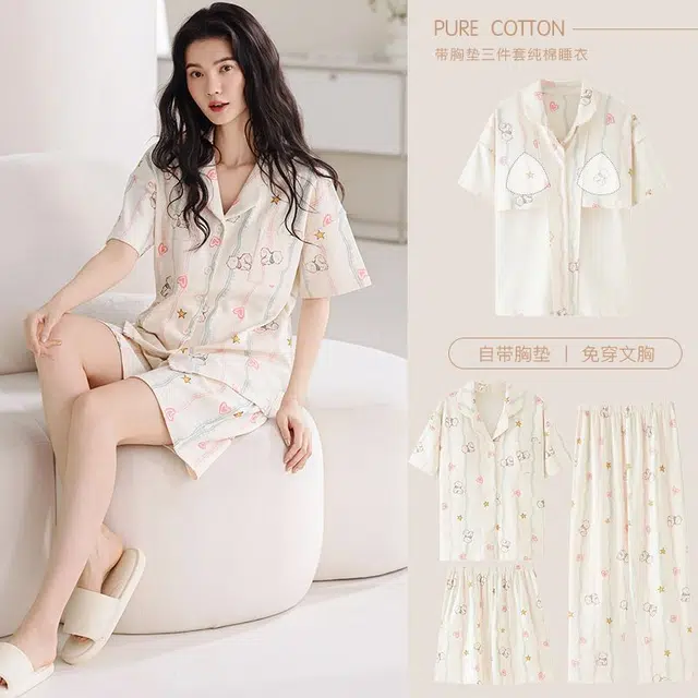 俏韵 翻领卡通猫咪夏季舒适可爱甜美带胸垫短袖三件套薄款家居服可外穿睡衣套装 女款