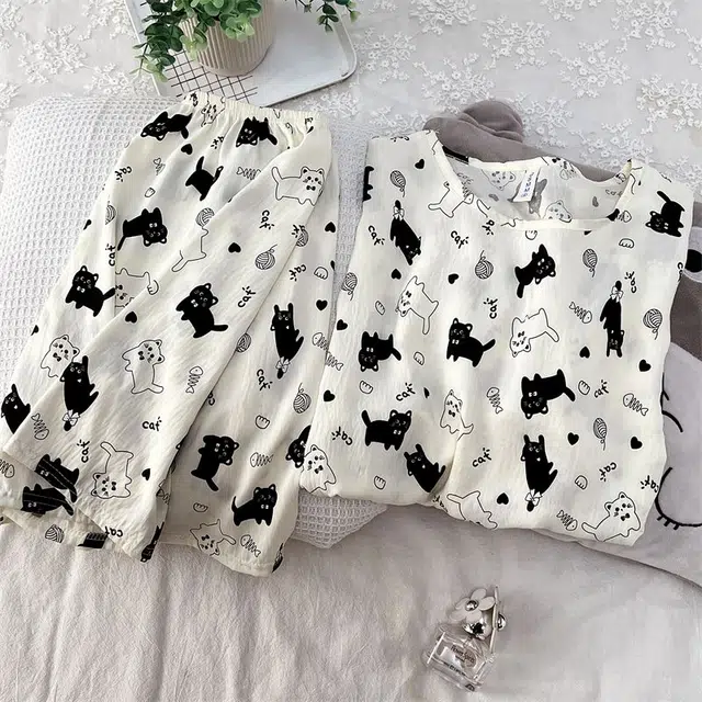 俏韵 圆领卡通猫咪夏季云朵棉甜美可爱短袖短裤舒适薄款家居服可外穿睡衣套装 女款