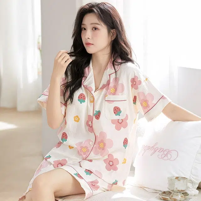 俏韵 翻领甜美舒适短袖三分裤薄款家居服可外穿夏季睡衣套装 女款