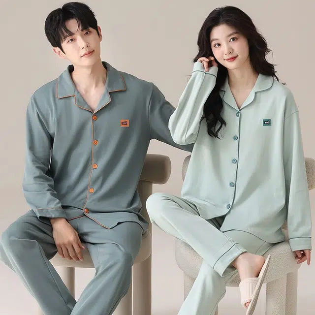 俏韵 翻领春秋季款纯棉简约长袖长裤甜美舒适休闲家居服可外穿睡衣套装 男女同款