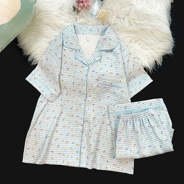 俏韵 翻领夏季云朵棉短袖短裤开衫甜美可爱家居服可外穿睡衣套装 女款