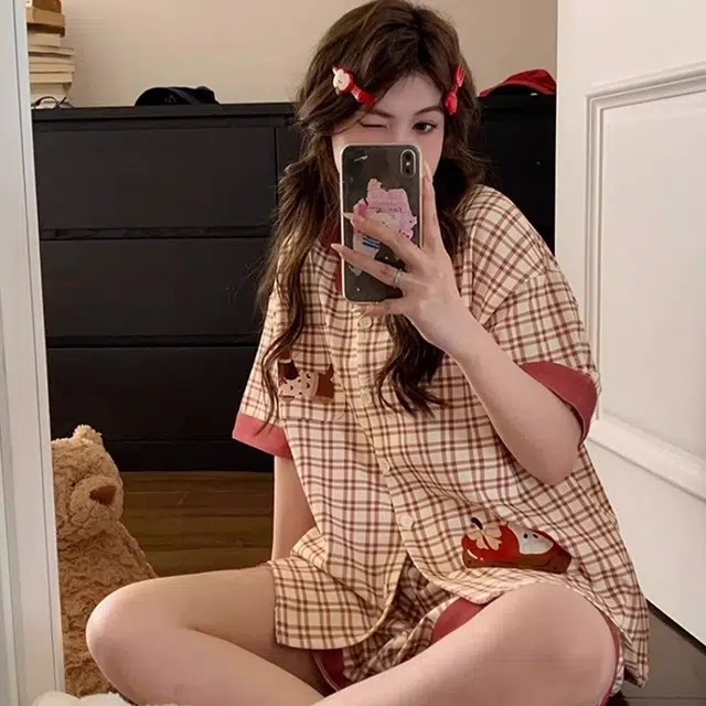 俏韵 翻领夏季苹果腊肠狗日系格子短袖短裤卡通夏天薄款家居服可外穿睡衣套装 女款