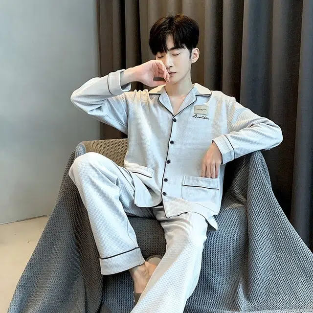 俏韵 翻领秋春季长袖长裤开衫休闲简约薄款舒适家居服可外穿睡衣套装 男款