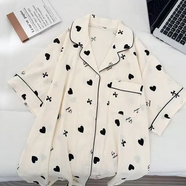 俏韵 翻领夏季云朵棉印花开衫短袖短裤甜美可爱家居服可外穿睡衣套装 女款