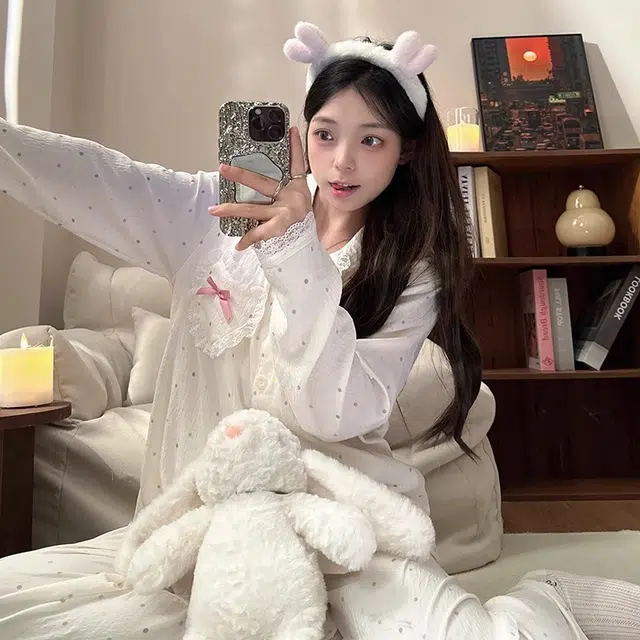 俏韵 波点云朵棉甜美长袖长裤睡衣套装 女款 杏色