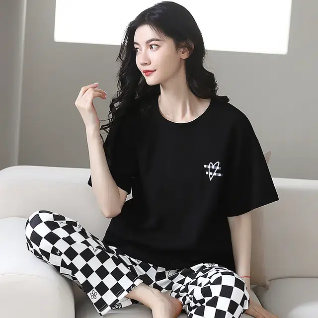 俏韵 舒适柔软爱心格子短袖长裤家居服睡衣套装 女款