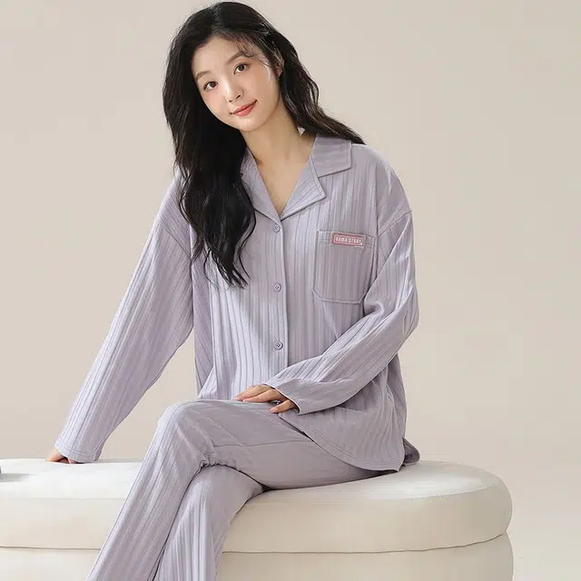 俏韵 翻领春秋季款简约条纹长袖开衫甜美可爱休闲舒适薄款家居服可外穿睡衣套装 女款