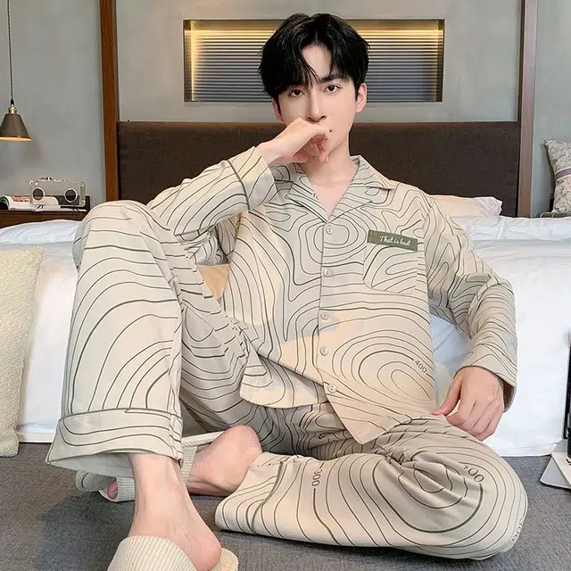 俏韵 翻领春秋季简约风印花长袖长裤休闲开衫薄款家居服可外穿睡衣套装 男款