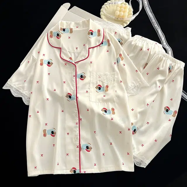 俏韵 翻领卡通腊肠狗夏季冰雪丝舒适可爱甜美短袖三件套薄款家居服可外穿睡衣套装 女款