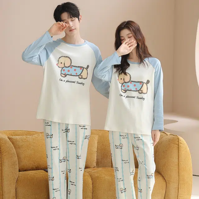 俏韵 圆领卡通春秋季纯棉简约长袖长裤甜美可爱舒适薄款家居服可外穿睡衣套装 男女同款