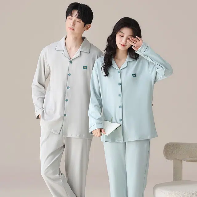 俏韵 翻领春秋季纯棉简约长袖长裤甜美舒适休闲高级家居服可外穿睡衣套装 男女同款