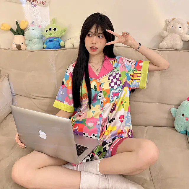 俏韵 多巴胺短袖带胸垫甜美可爱家居服睡衣套装 女款 粉色